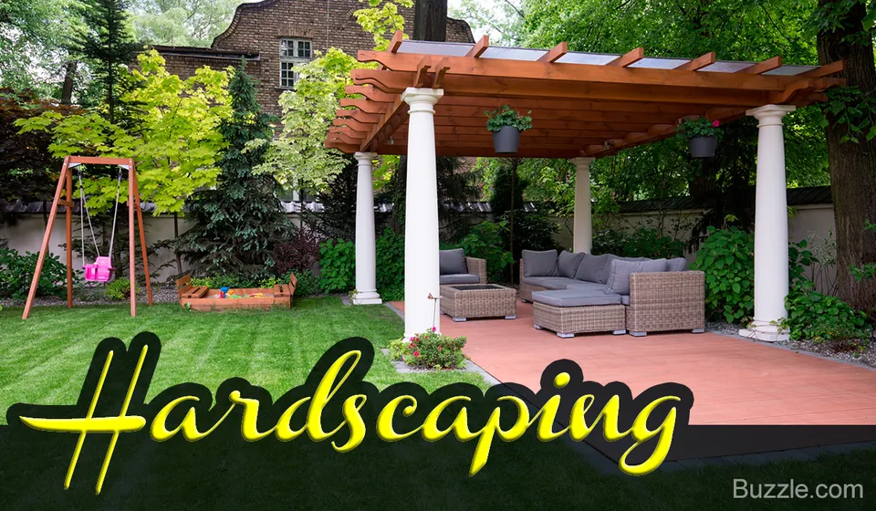 A backyard has a wooden pergola with white columns, a paved patio with wicker furniture, a swing set, and green lawn.