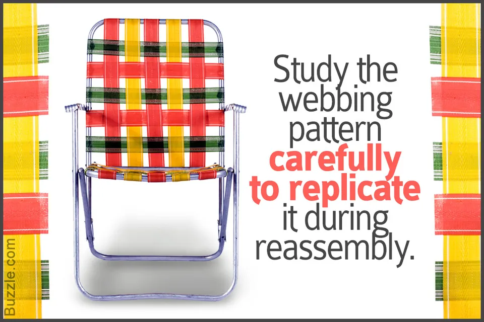 A metal lawn chair with red, yellow, and green plaid webbing against a white background.