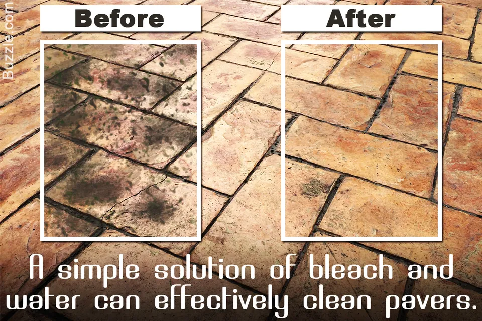 Before and after comparison of dirty and clean reddish-brown patio pavers.