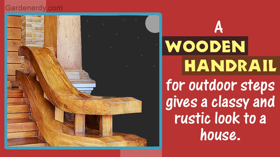 A curved wooden handrail installed on outdoor wooden steps next to a stone pillar at night.