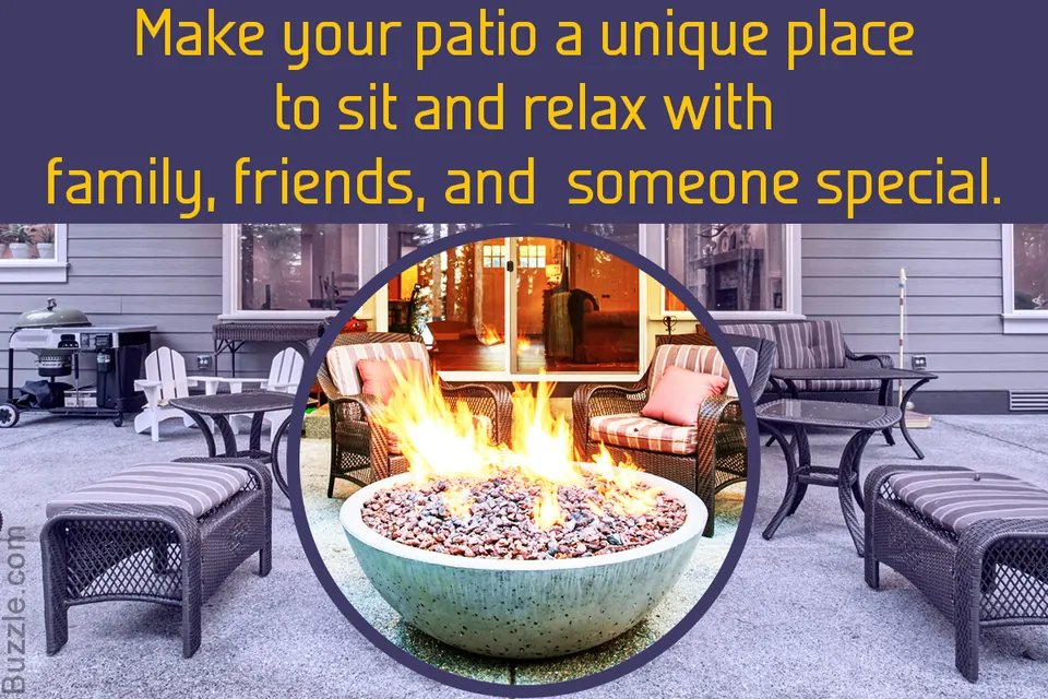 A lit fire pit with lava rocks is highlighted in a circle on a patio surrounded by wicker furniture with striped cushions.