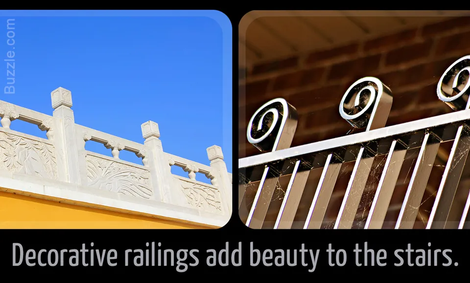 A split view of a white stone balustrade against a blue sky and a metal railing with spiral finials against a brick wall.