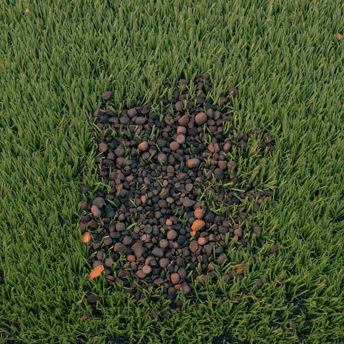 A close-up view of synthetic turf blades mixed with rubber infill granules on a smooth putting surface.