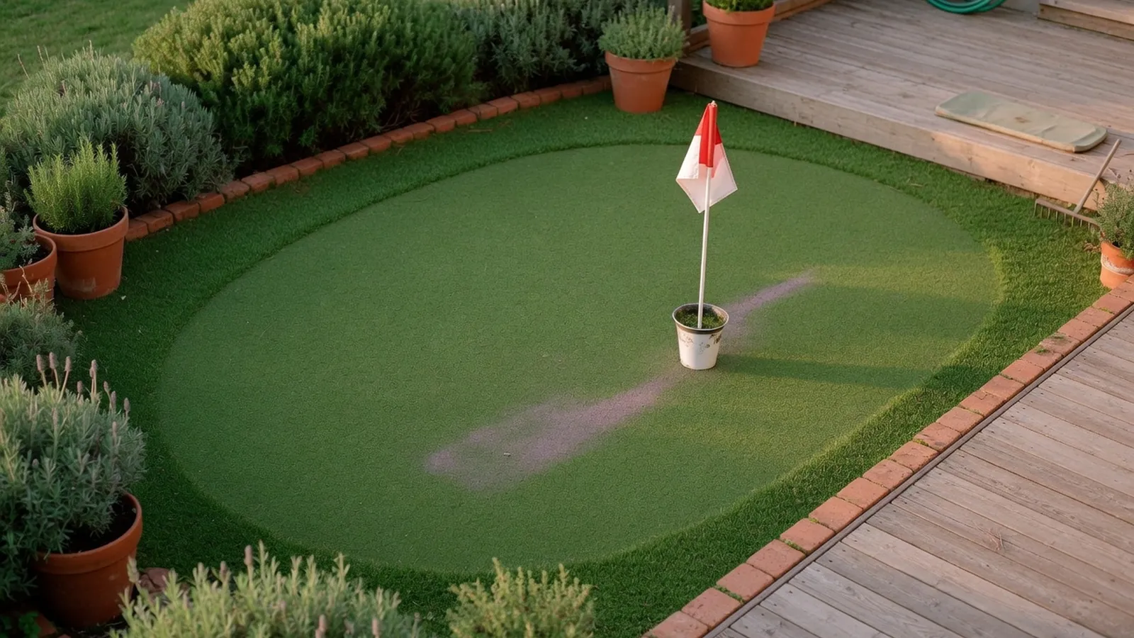 A neatly installed backyard putting green with a white flagstick in a cup, bordered by a wooden deck and low shrubbery.