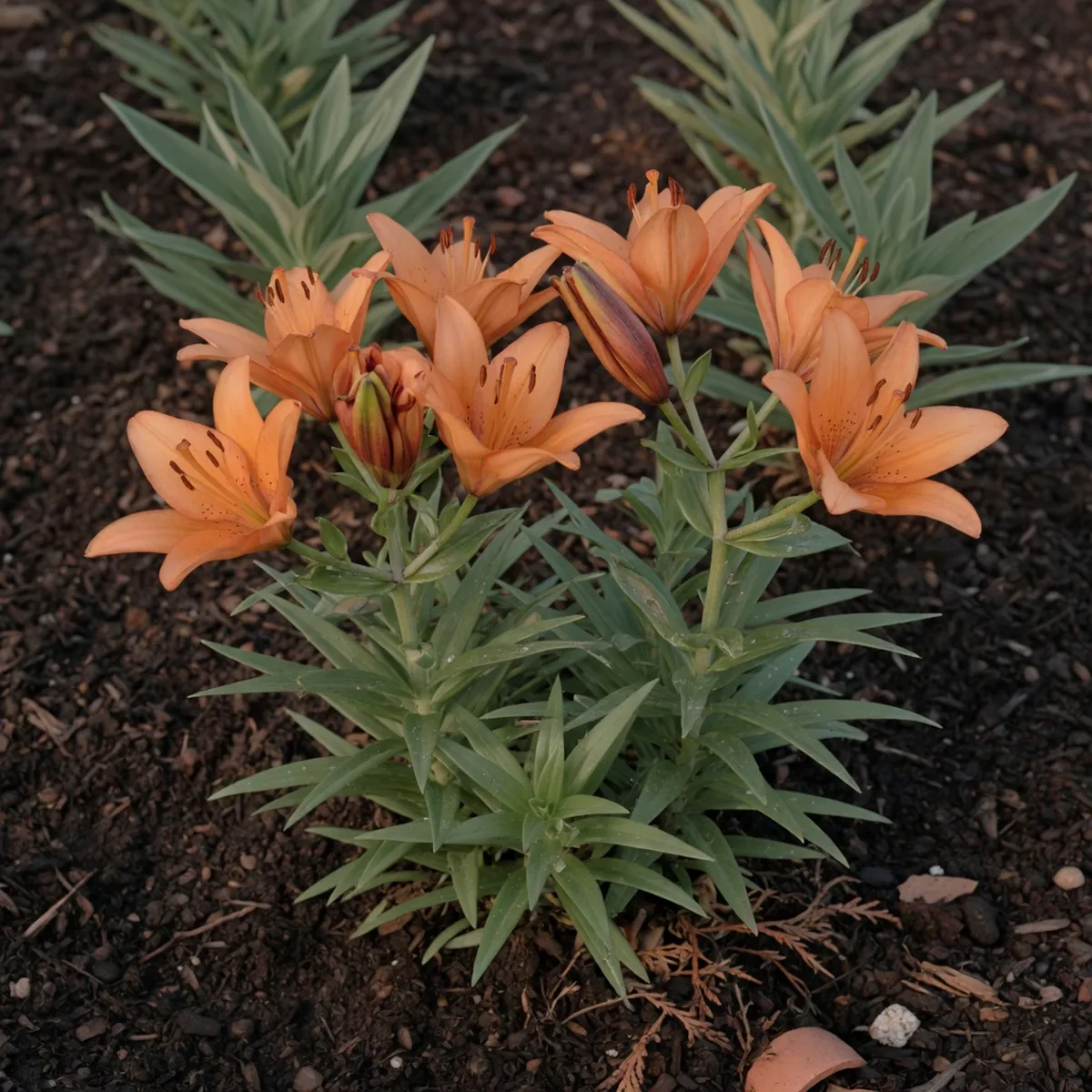 Trumpet-shaped Asiatic lilies growing from rich garden soil with bladelike green leaves.