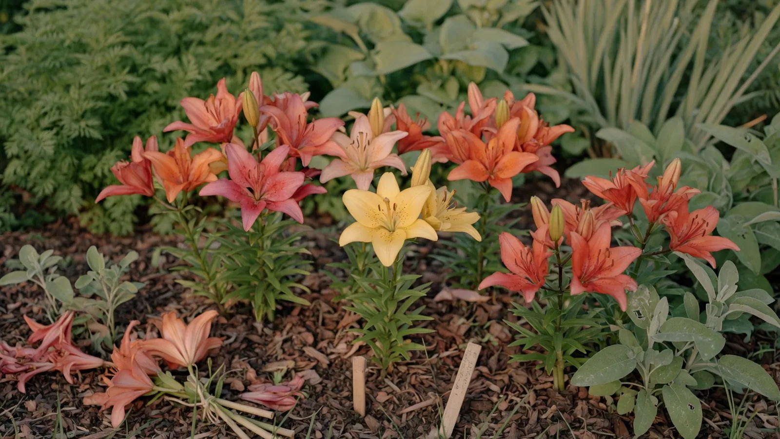 A vibrant display of multi-colored Asiatic lilies blooming in a sunlit garden bed.