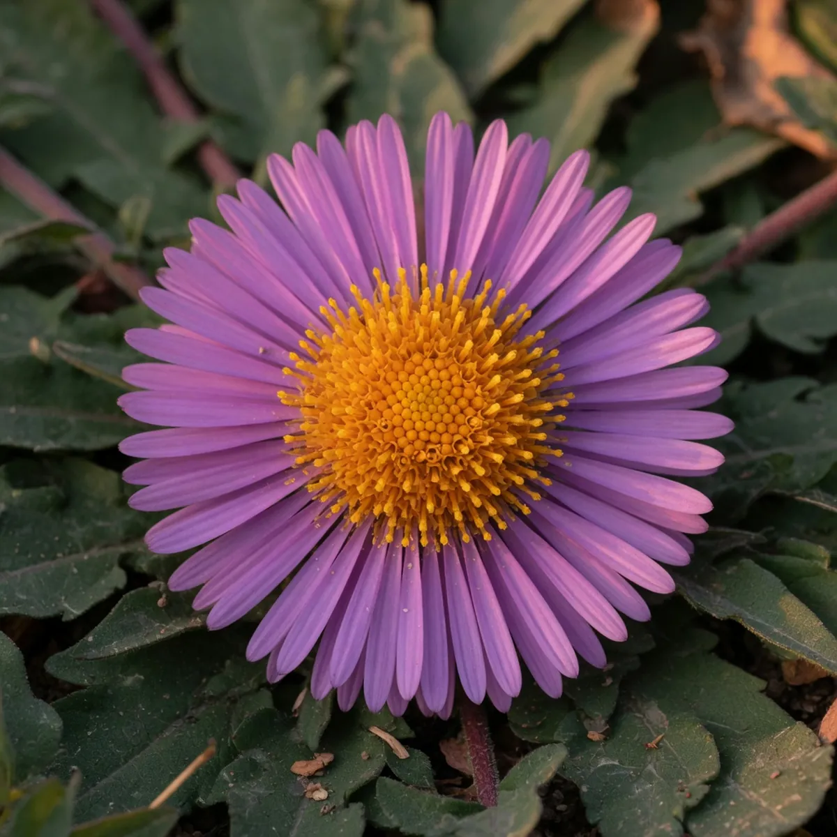 A detailed view of an aster flower head revealing its central cluster of tiny yellow-orange tubular florets surrounded by colorful ray petals.
