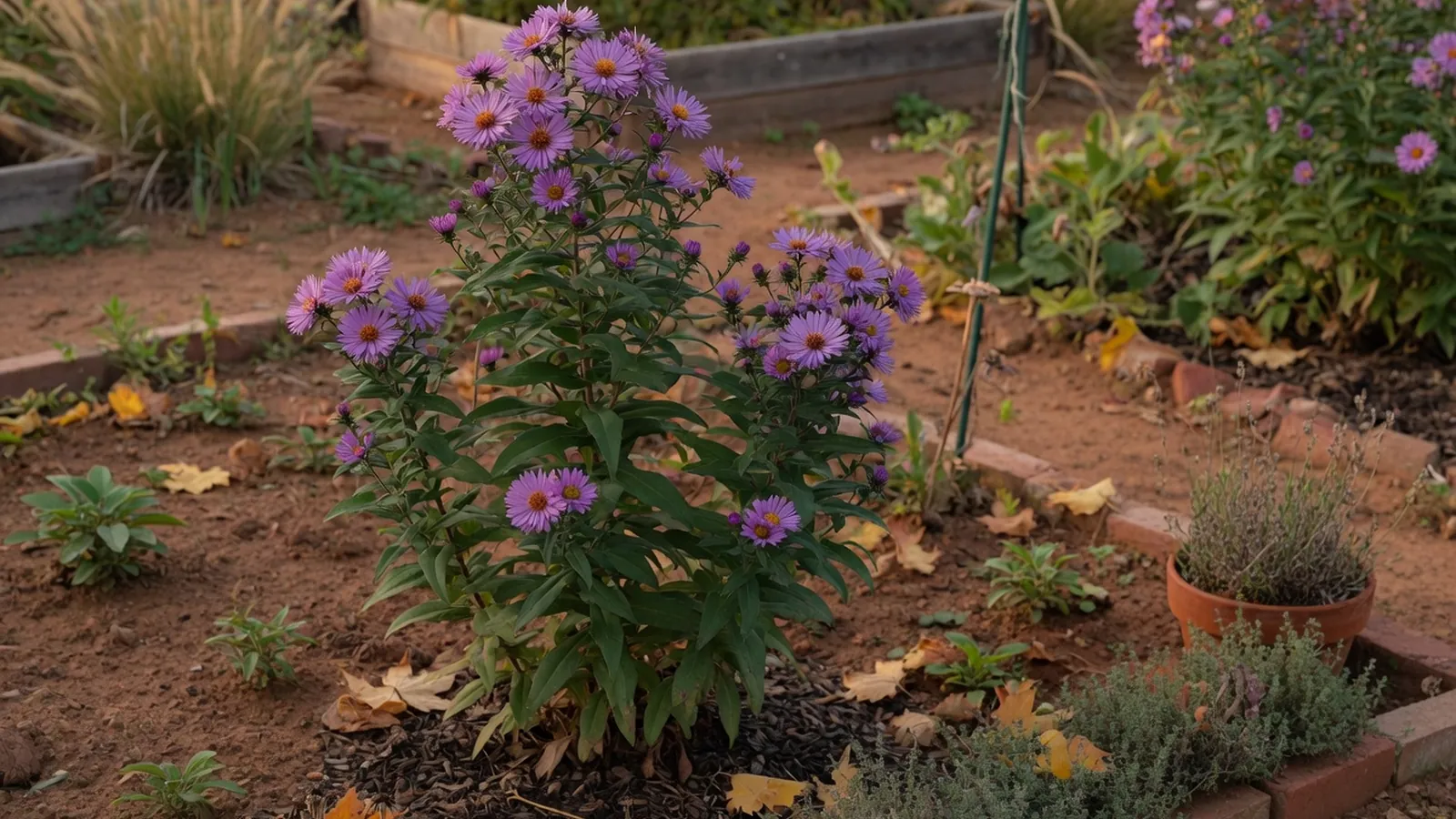 A vibrant aster plant with purple blooms and dark green foliage thriving in an autumn garden bed.
