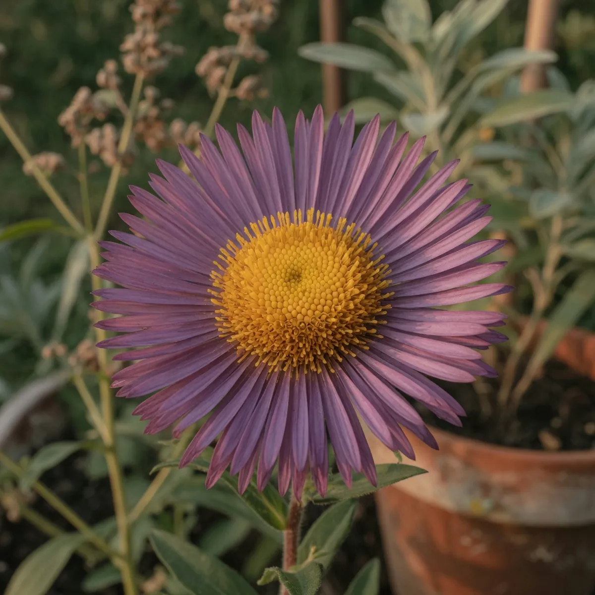 A close-up of an aster bloom highlighting its bright yellow central disc surrounded by delicate purple petals.