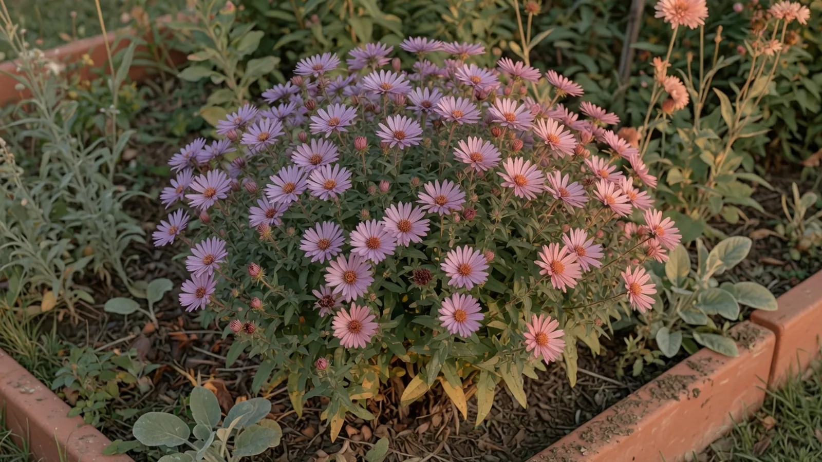A cluster of vibrant aster flowers blooming in a late summer garden bed.