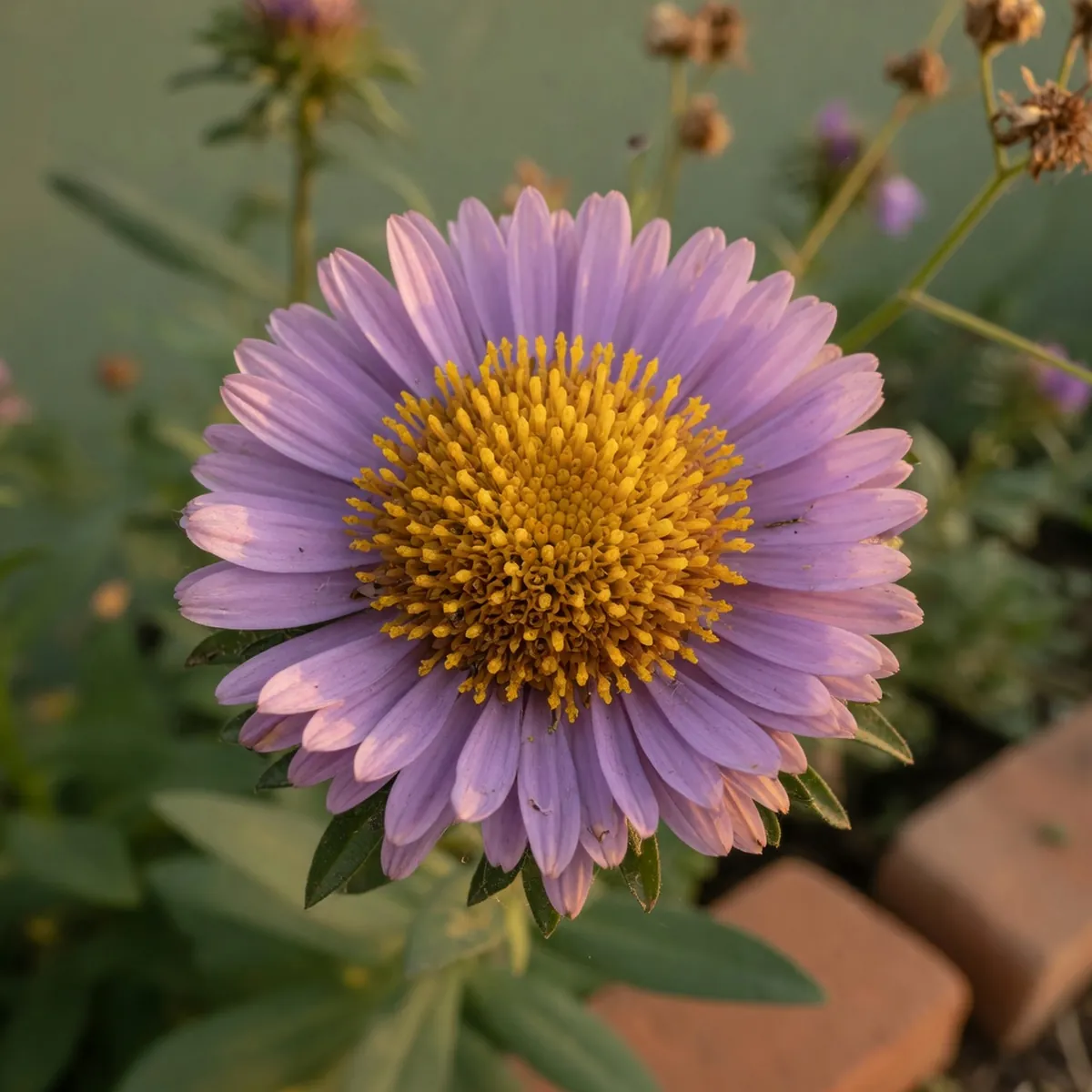 A close-up view of a single purple aster bloom revealing its dense cluster of tiny yellow central florets.