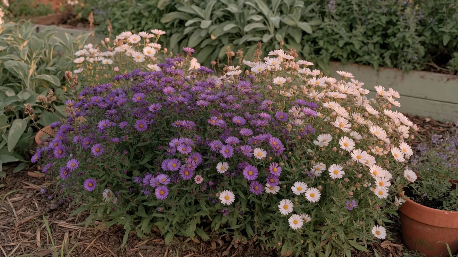 A vibrant cluster of purple and white aster flowers blooming densely in a sunlit garden bed.