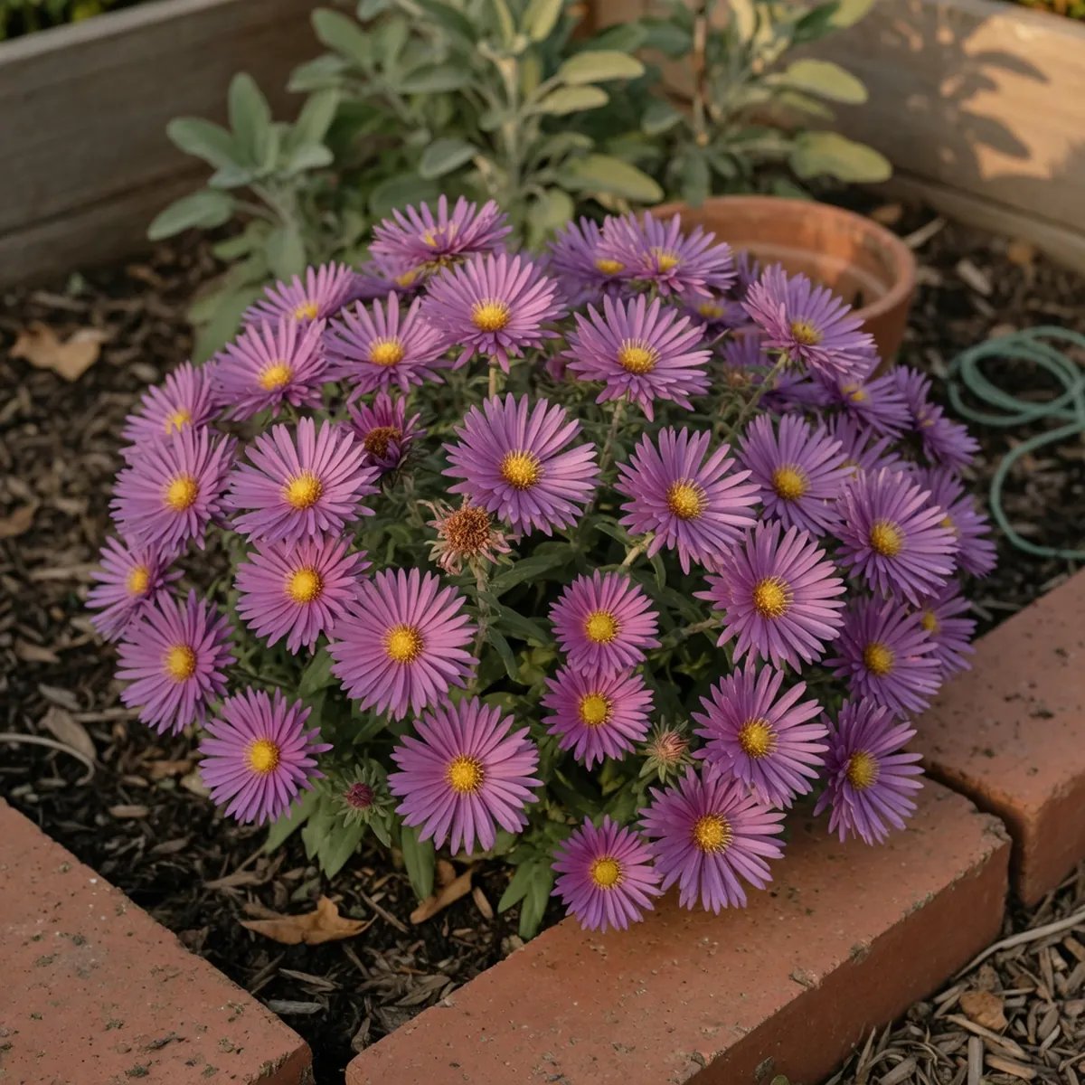 A cluster of vivid purple aster flowers with bright yellow centers blooming in a garden bed.