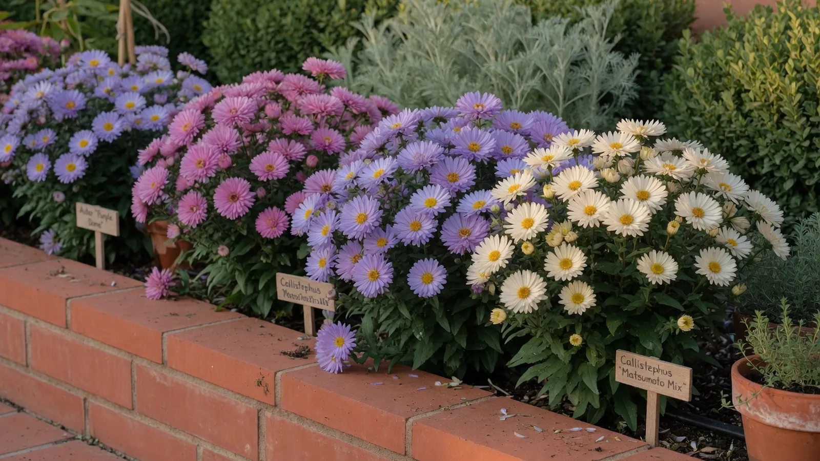 A vibrant display of mixed-color aster flowers blooming in a well-tended garden border.