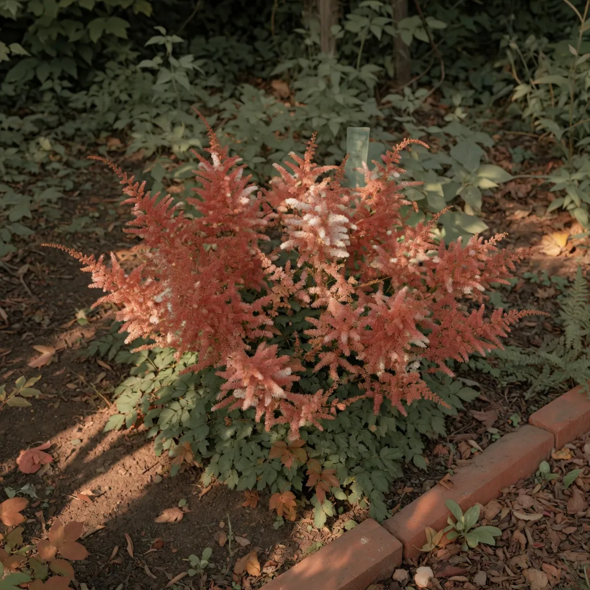 A cluster of feathery astilbe plumes growing in a shaded garden bed with dappled sunlight filtering through overhead leaves.