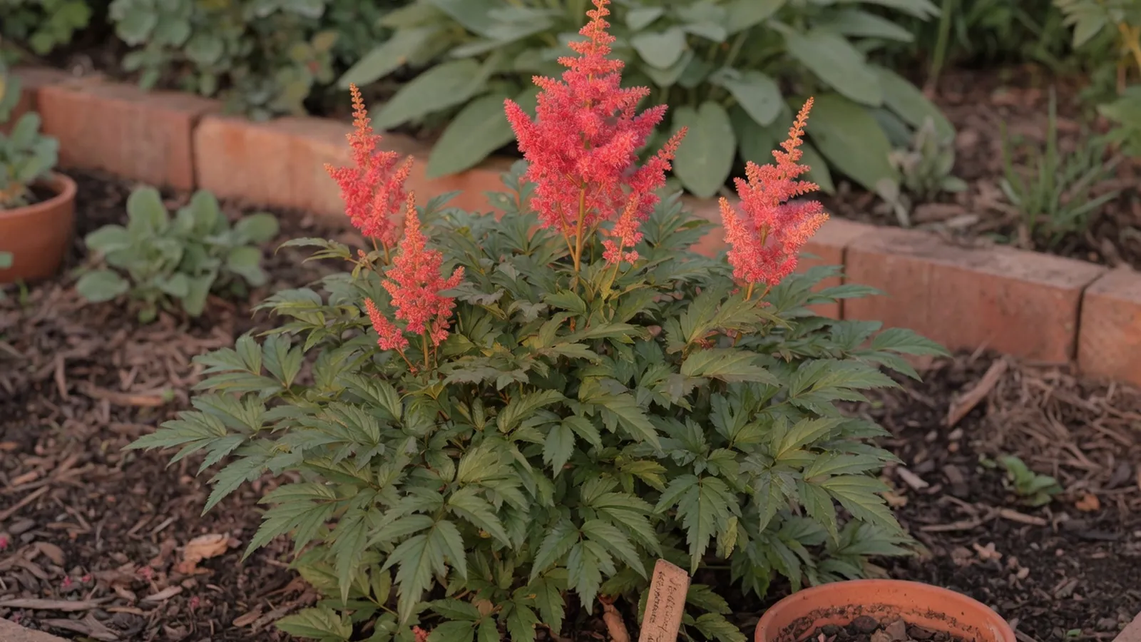 A healthy astilbe plant displaying glossy, fern-like foliage and vibrant flower plumes in a well-maintained garden bed.