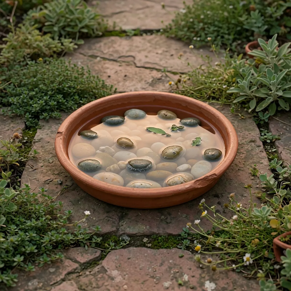 A shallow ceramic dish filled with water and smooth pebbles sits on a stone garden path.