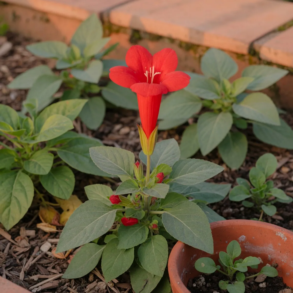 A bright red trumpet-shaped flower stands out against a soft green garden background.