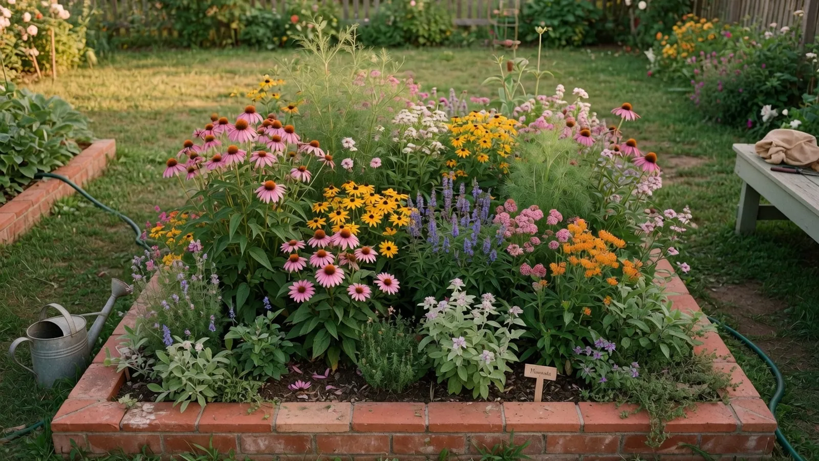 A sunny garden bed filled with blooming native flowers and lush green foliage.