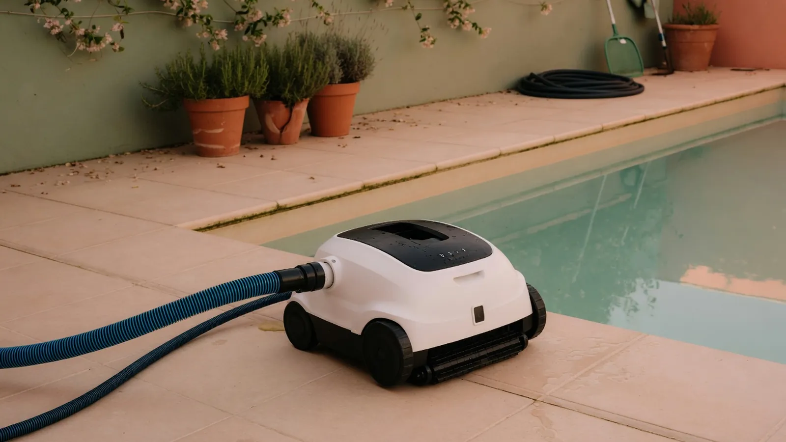 A modern automatic pool cleaner resting on a clean tiled deck beside a sparkling swimming pool.