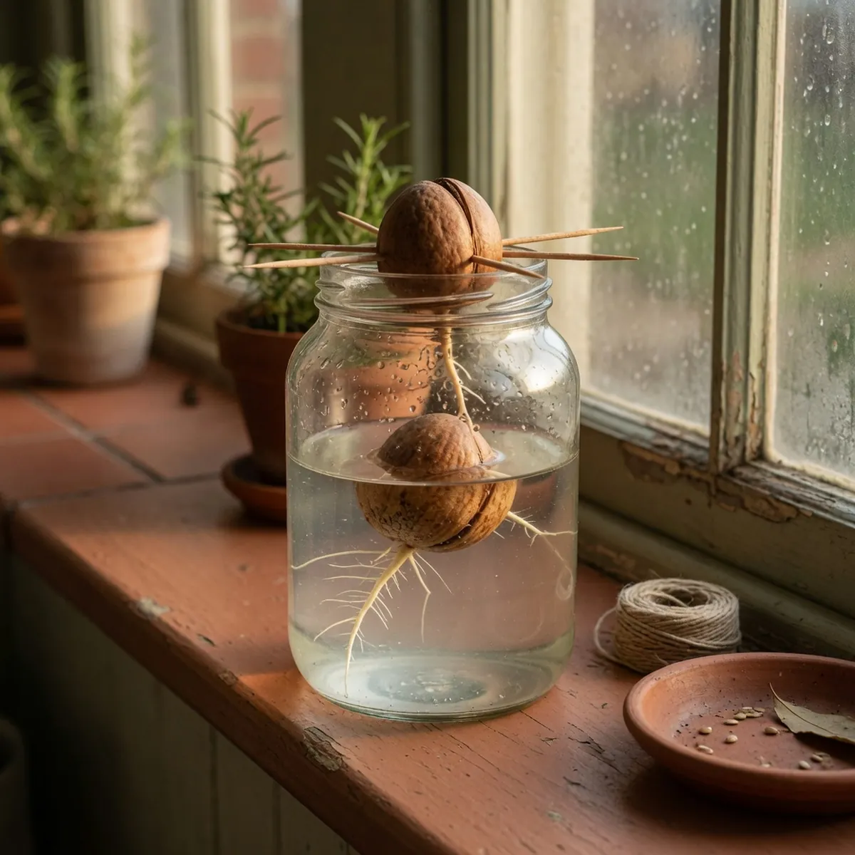 An avocado pit suspended on toothpicks over a glass jar of water to encourage root growth.