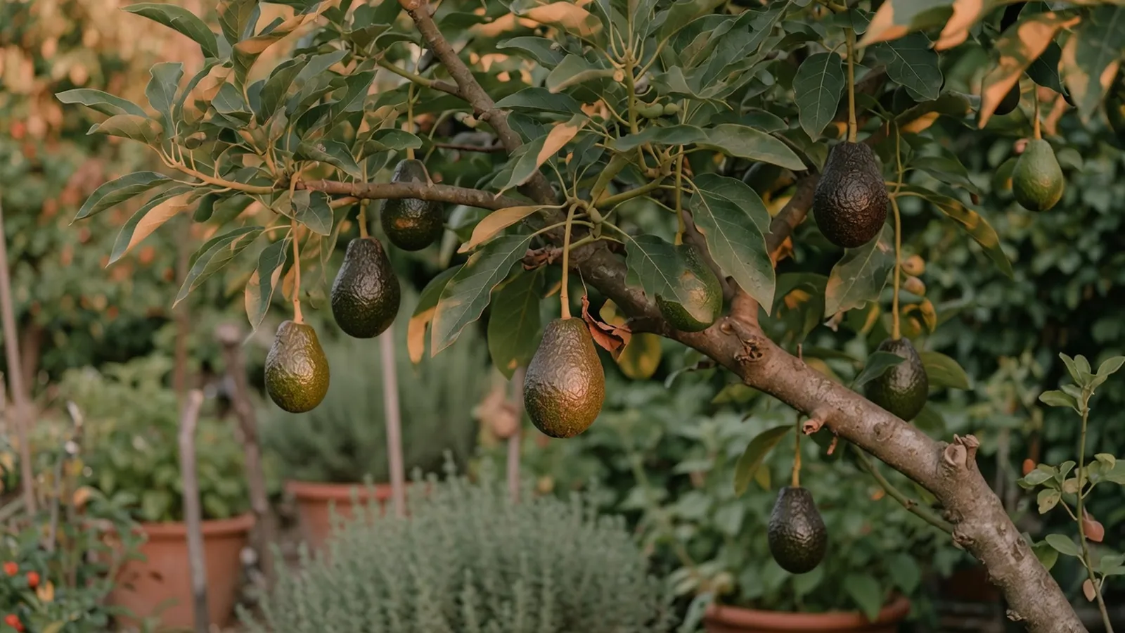 A branch of a mature avocado tree bearing several ripe dark-green fruits in a sunny garden.