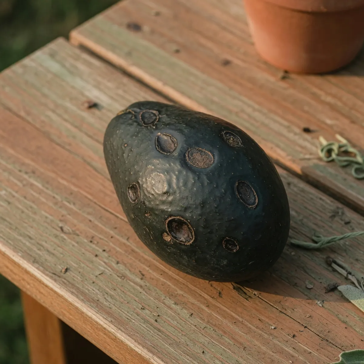 A close-up of an avocado fruit displaying dark sunken spots caused by fungal infection.