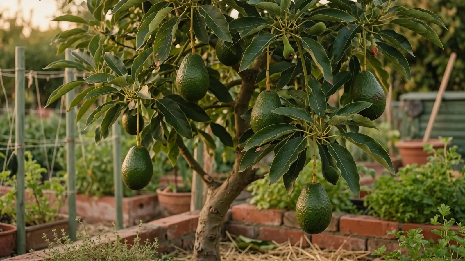 A healthy avocado tree with glossy green leaves and ripe fruit hanging from its branches.