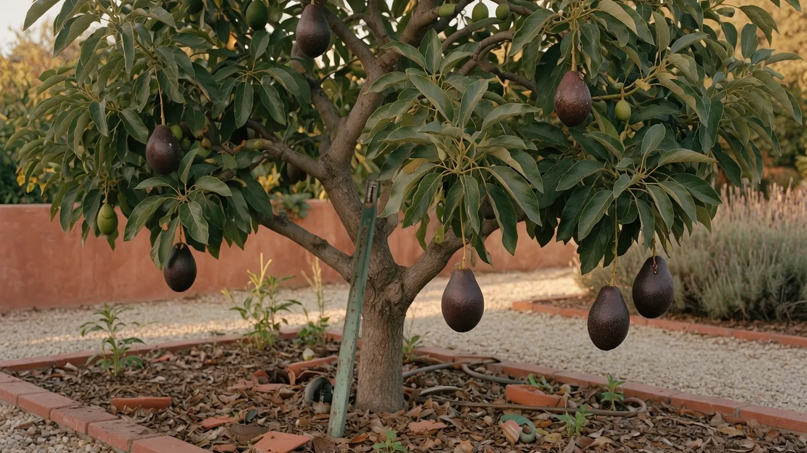 A mature avocado tree bearing dark, pear-shaped fruits among glossy green leaves in a garden setting.