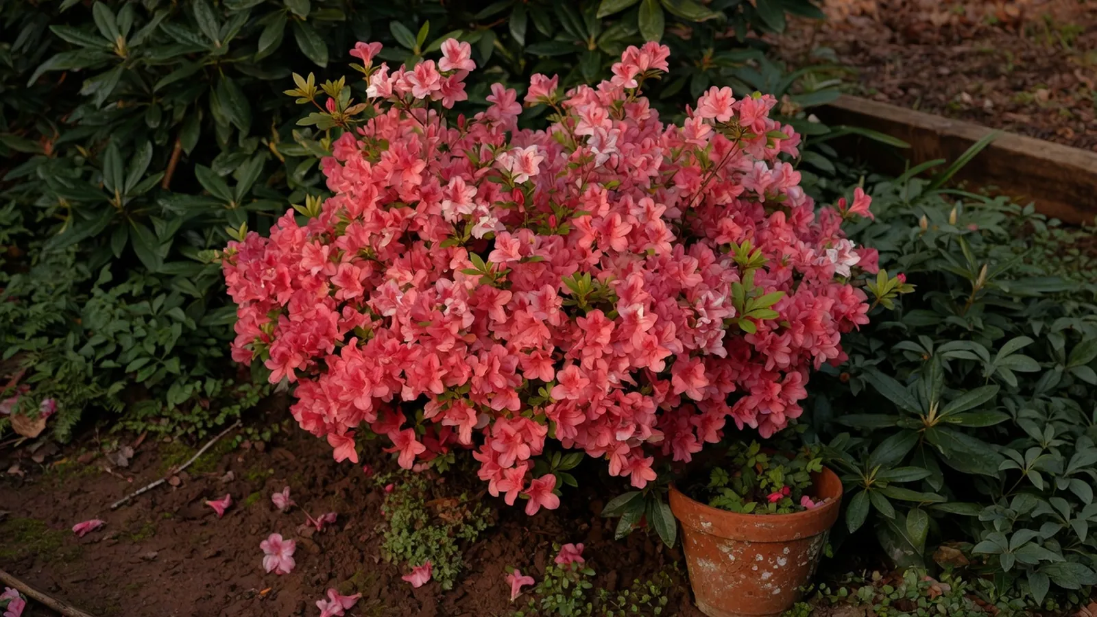 A vibrant azalea shrub in full bloom surrounded by dark green foliage and damp soil.