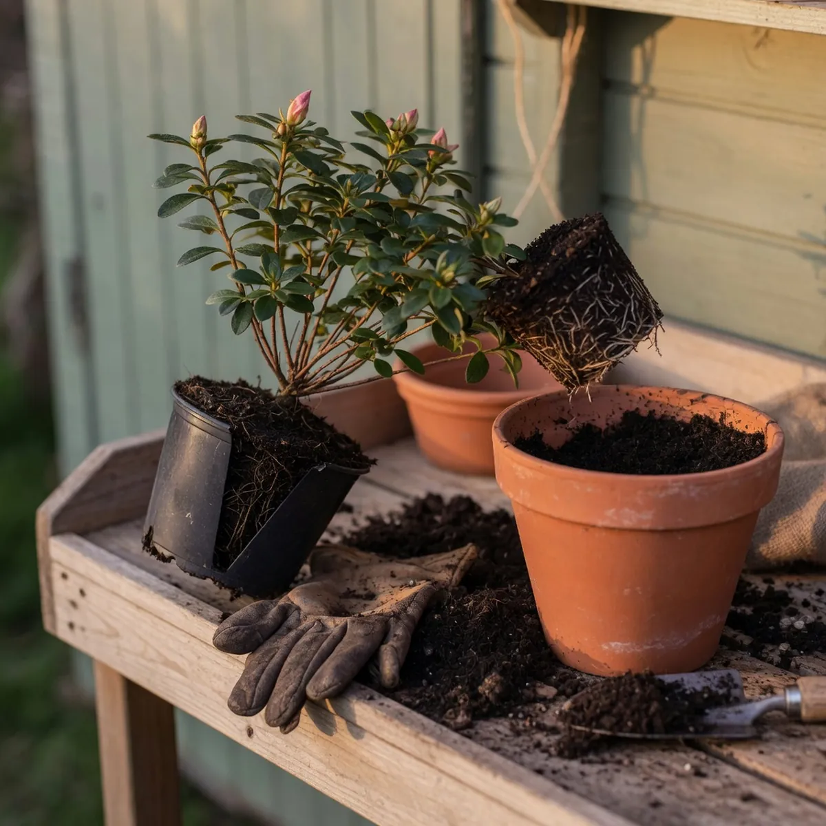 A healthy azalea plant with dark green foliage being carefully transferred into a larger terracotta container.