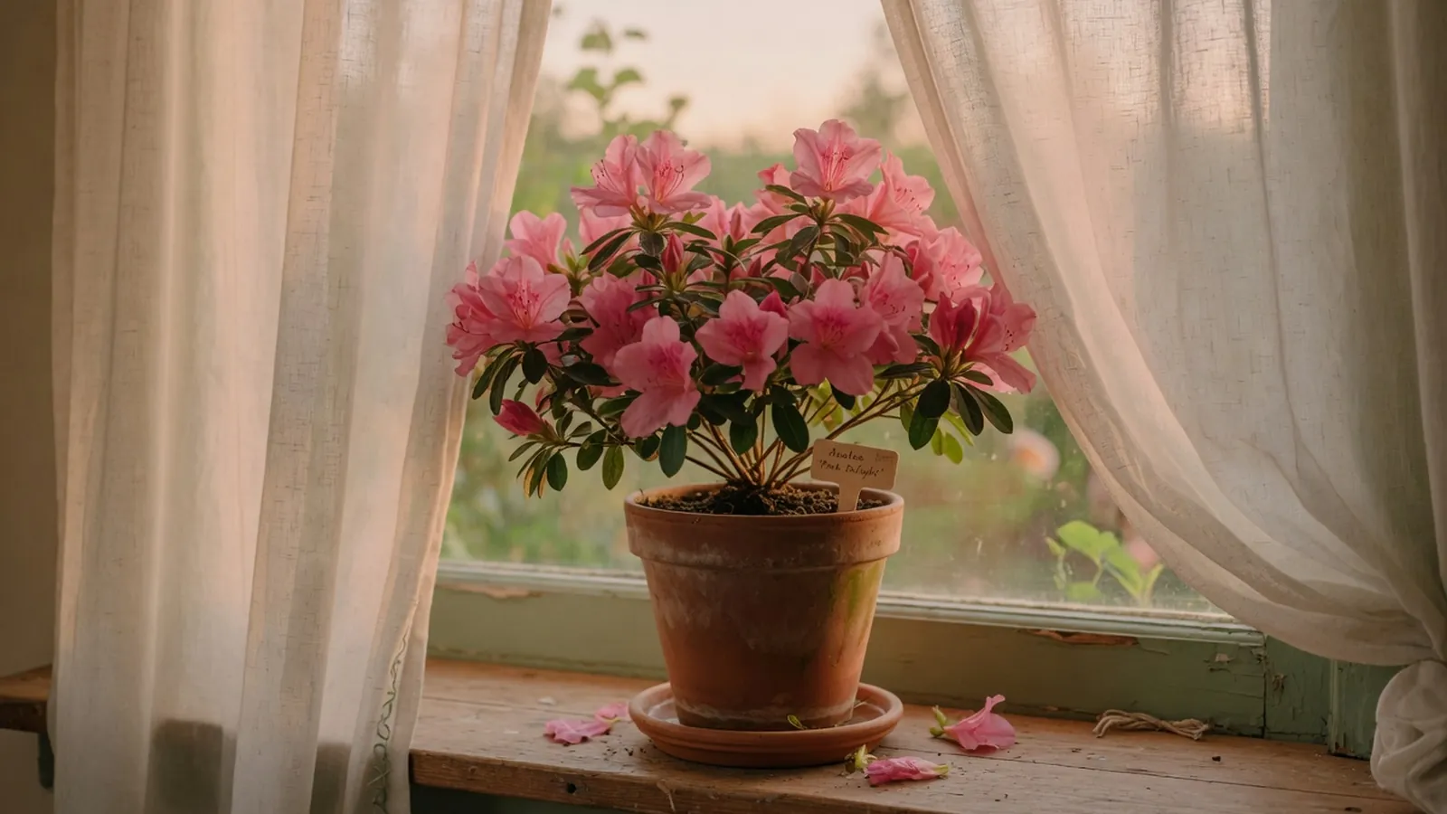A potted azalea plant with vibrant pink blooms resting on a bright indoor windowsill.