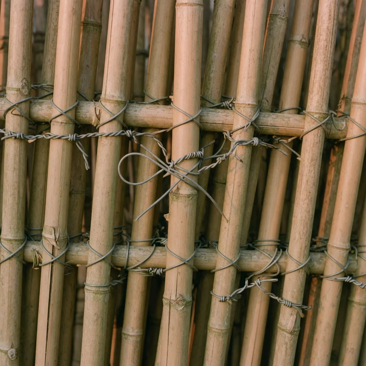 A close-up view of tightly woven bamboo canes bound together with galvanized wire.