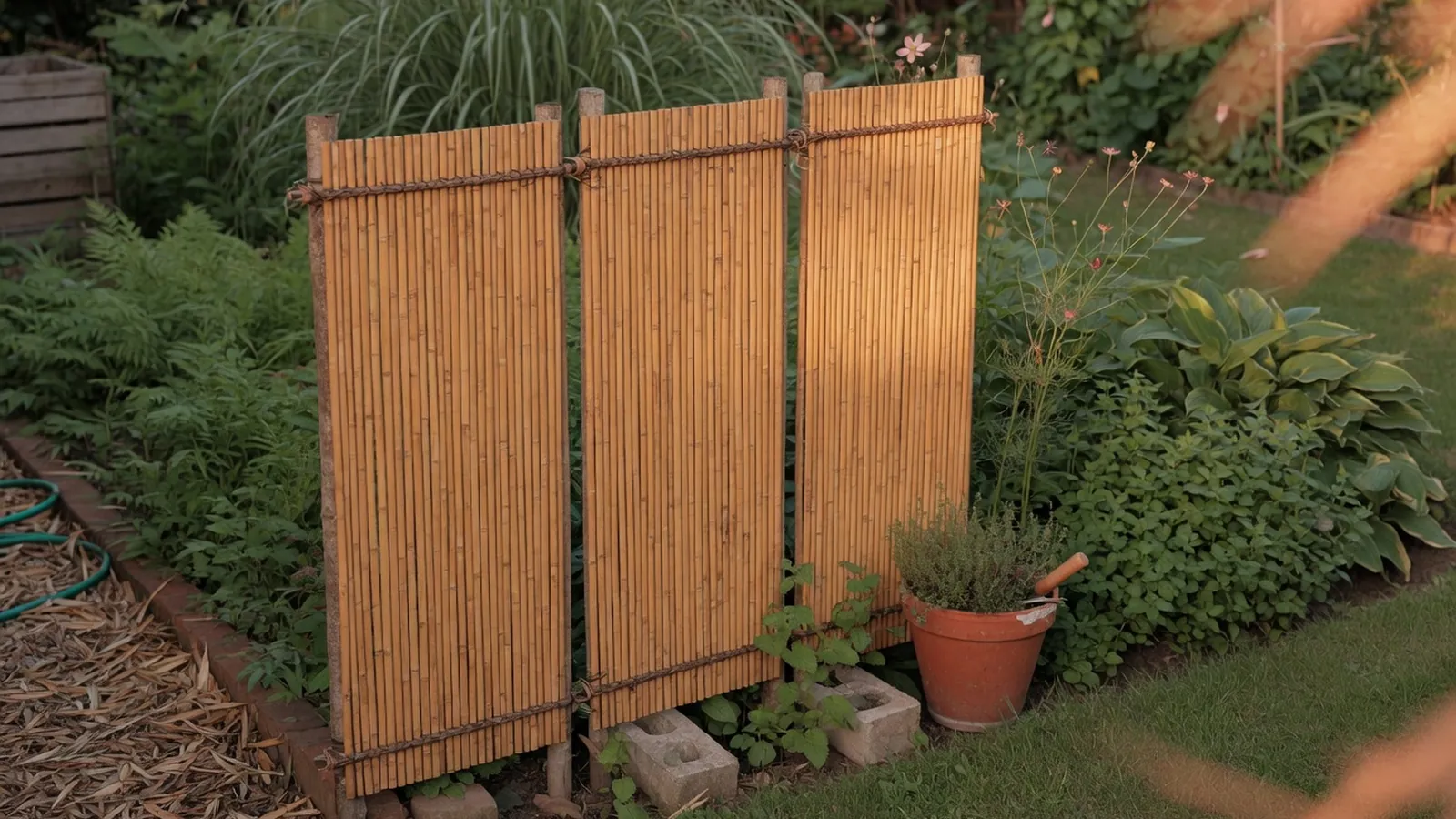 A section of golden bamboo fencing panels standing upright in a lush green garden.