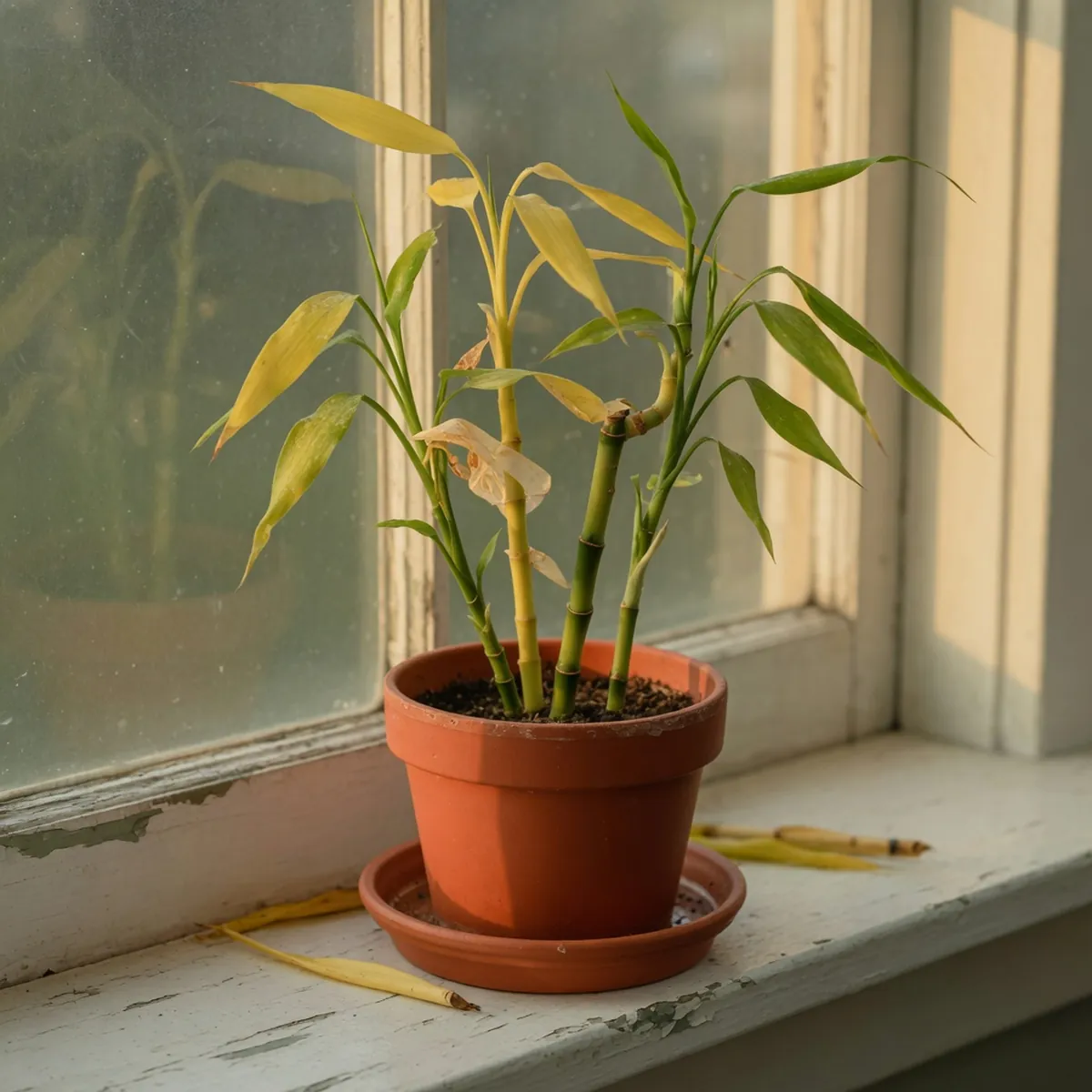 A potted lucky bamboo plant displaying pale, yellowing leaves alongside healthy green stems.