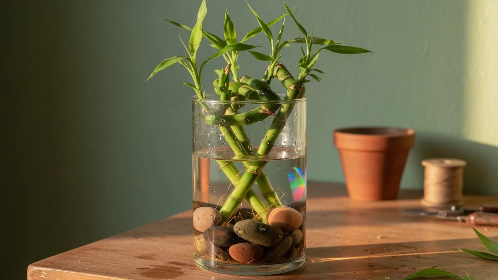 A vibrant lucky bamboo plant growing in a clear glass vase filled with water and smooth stones.