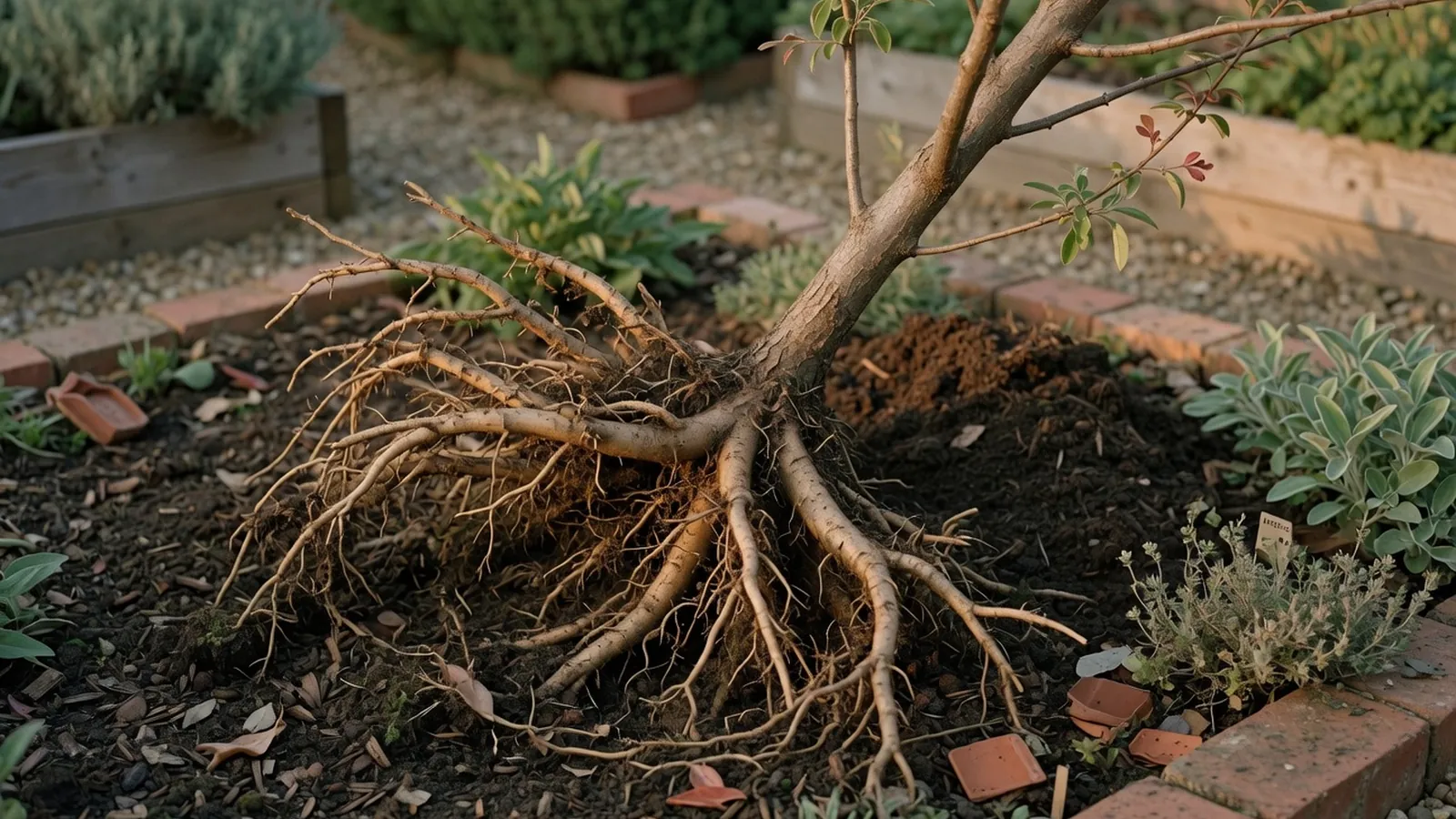A young deciduous tree with its exposed root system resting on dark soil in a garden bed.