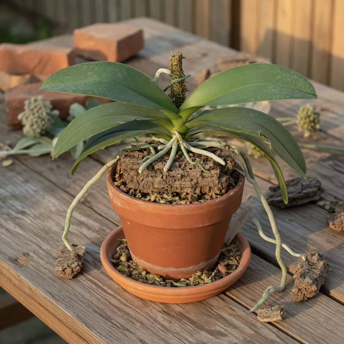 A healthy orchid plant with exposed roots and green leaves resting on a wooden surface.