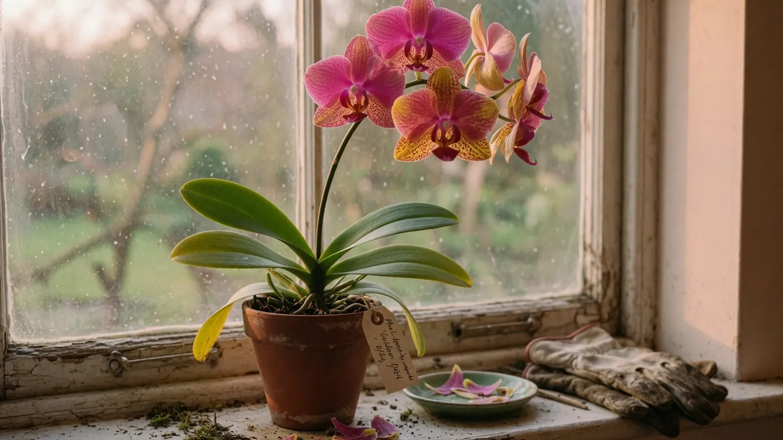 A vibrant orchid bloom with delicate petals and prominent green foliage in a bright indoor setting.
