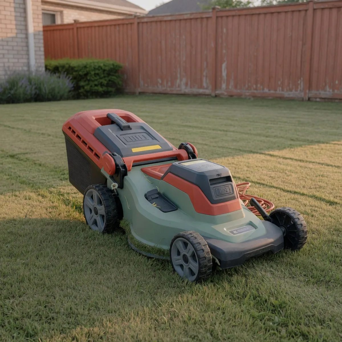 A sleek cordless lawn mower resting on a neatly trimmed suburban lawn with soft morning light.