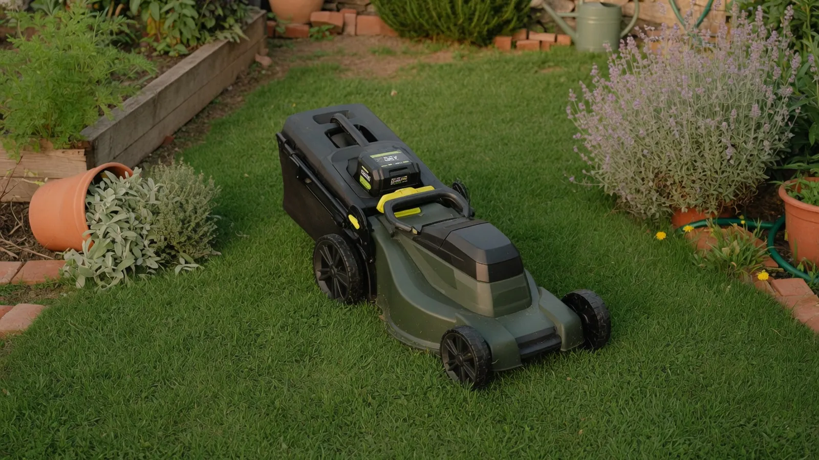 A modern battery-powered lawn mower positioned on a vibrant green lawn surrounded by healthy garden foliage.