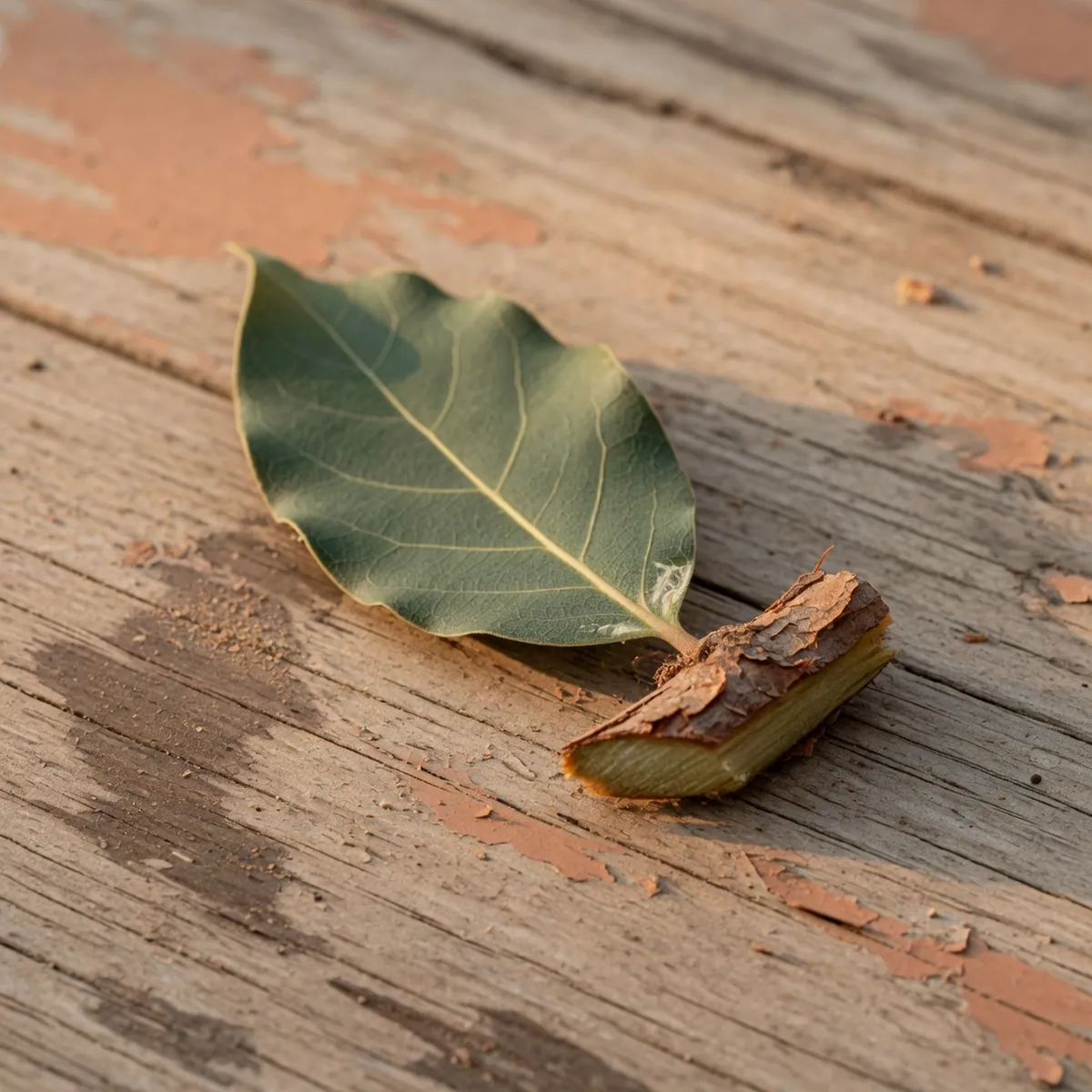 A single bay leaf cutting with a small heel of branch bark rests on a weathered wooden surface.