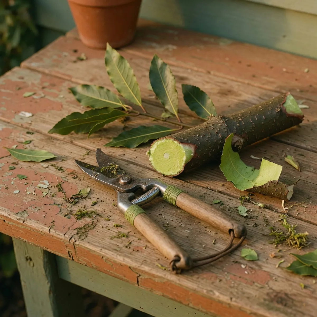 Pruning shears rest beside a trimmed bay branch showing fresh green wood beneath the bark.