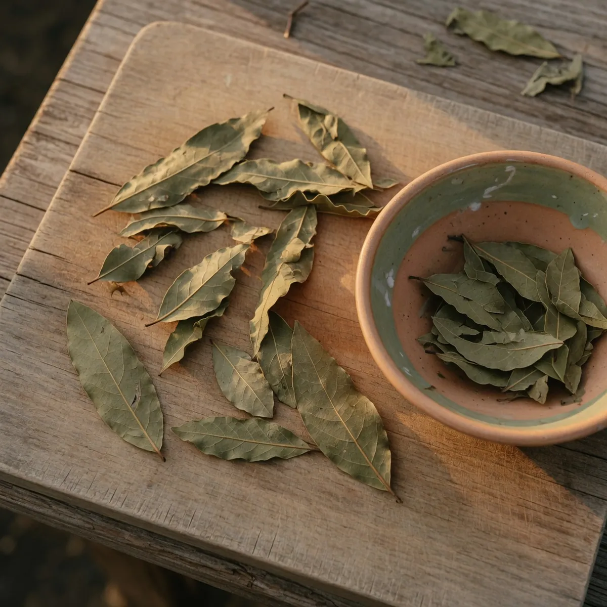 Dried bay leaves are scattered loosely across a rustic wooden cutting board beside a ceramic bowl.