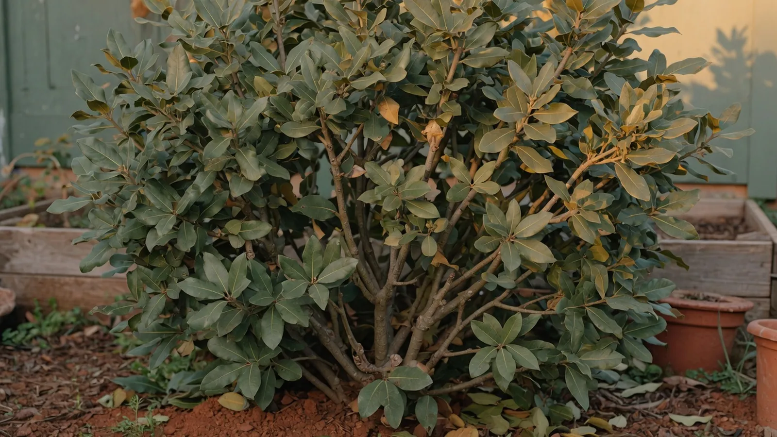 A mature bay leaf shrub displays dense clusters of glossy, leathery oval leaves in a sunlit garden bed.