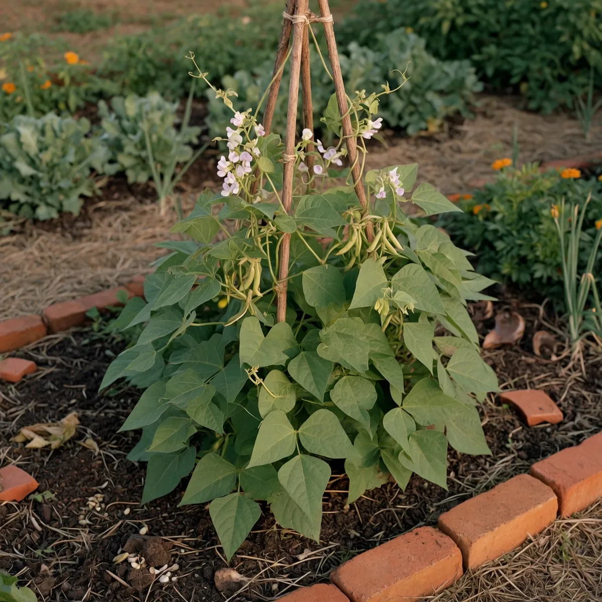 A healthy bean plant displays its compound leaves and climbing vines in a garden bed.