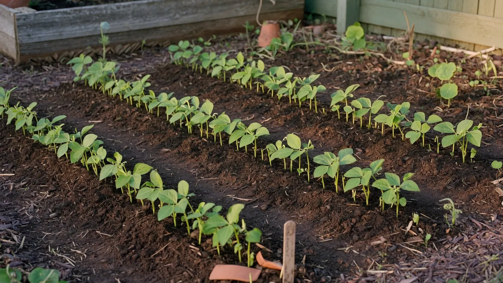 A vibrant garden bed filled with rows of young bean plants thriving in rich soil.