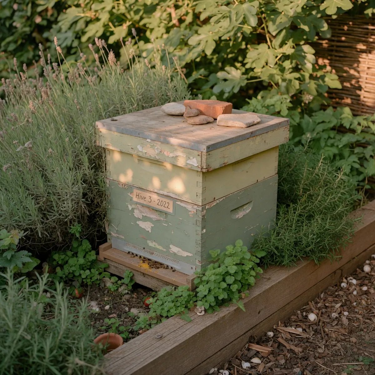 A wooden beehive box sits nestled among dense garden shrubbery.
