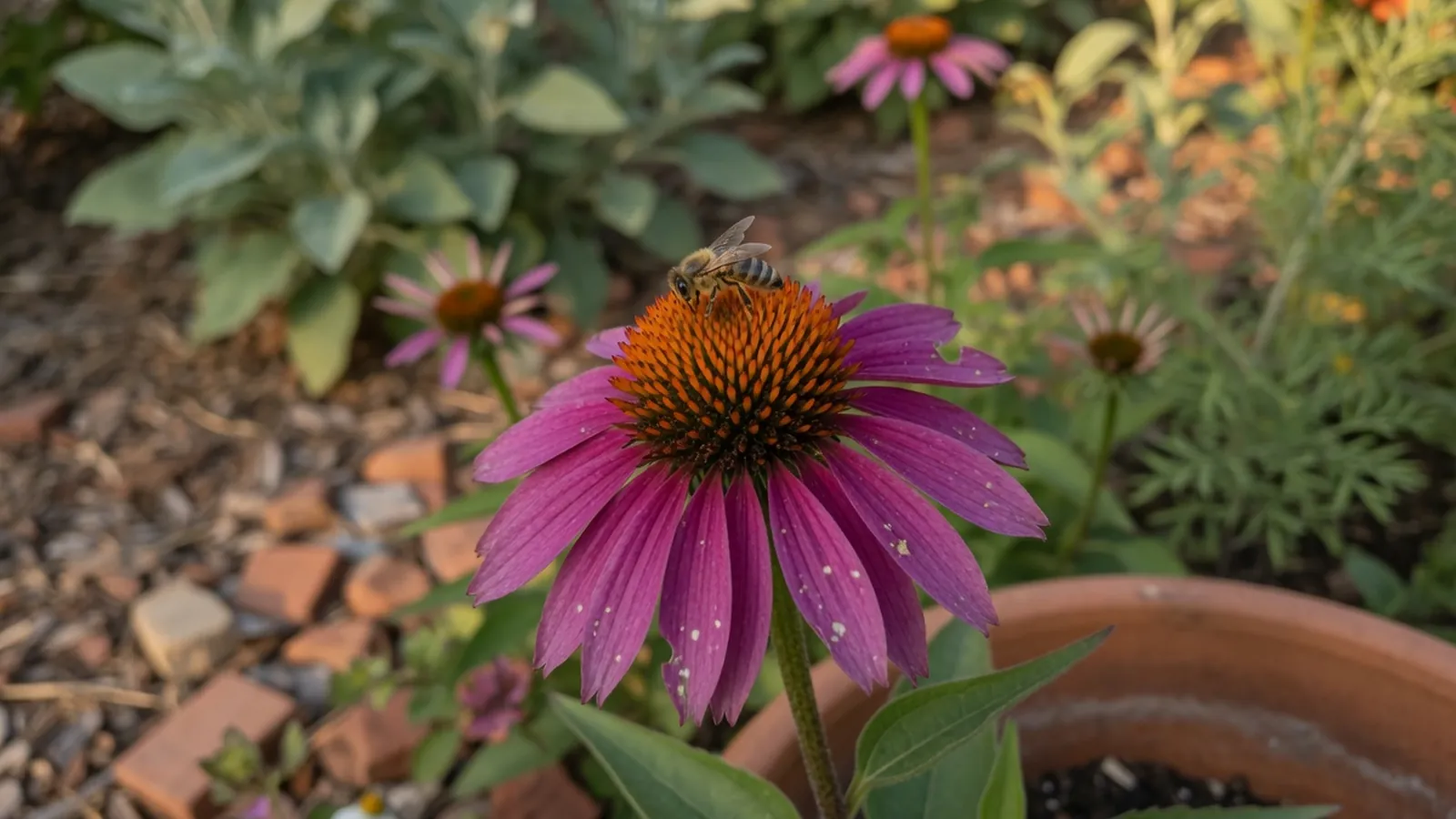 A honey bee rests on a purple coneflower in a sunlit garden border.