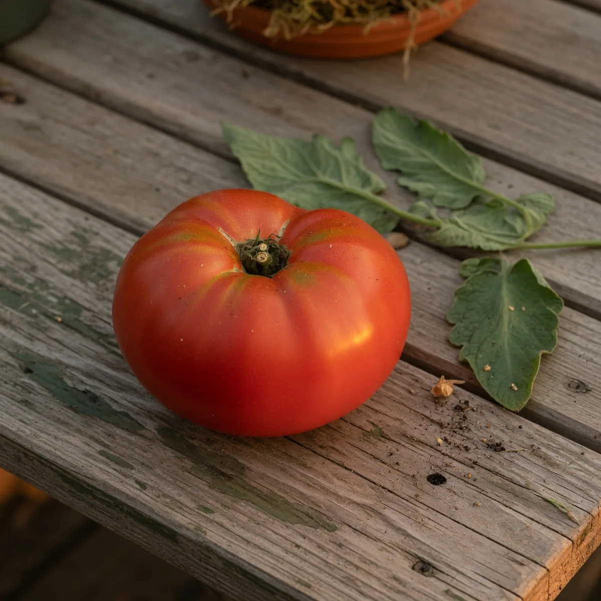 A large, ripe red beefsteak tomato resting on a rustic wooden surface beside a few green leaves.